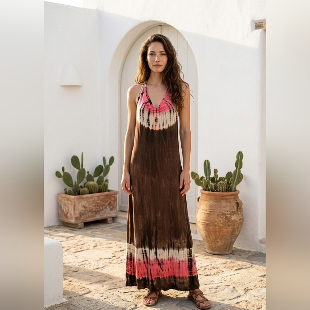 Yogi Wear Brown Tie Dye Boho Festival Vacation Beach Jersey Maxi Dress Sm-Lg